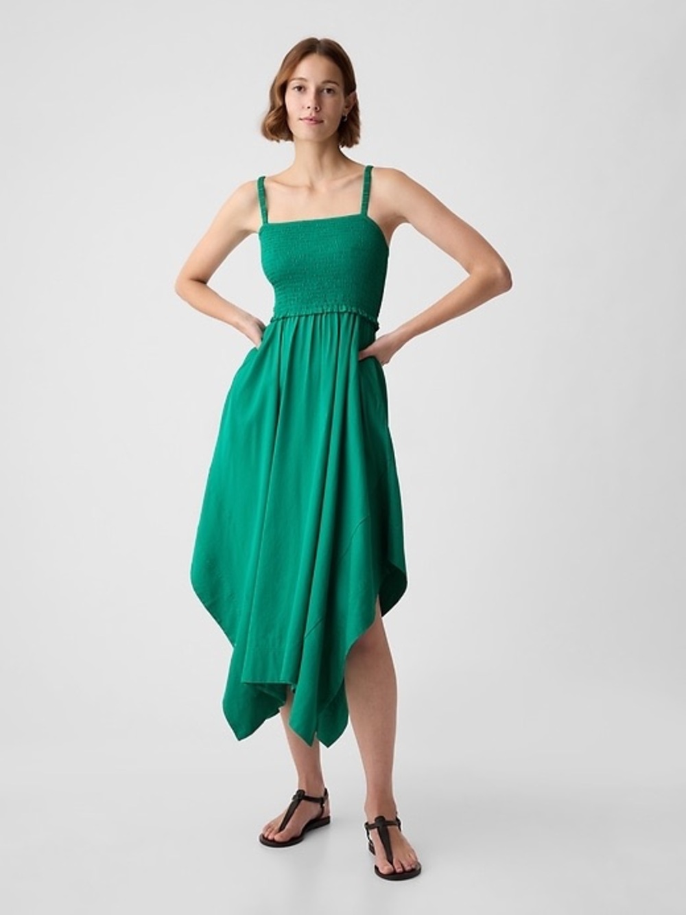 GAP Emerald Green Smocked Handkerchief Hem Dress – Size Medium